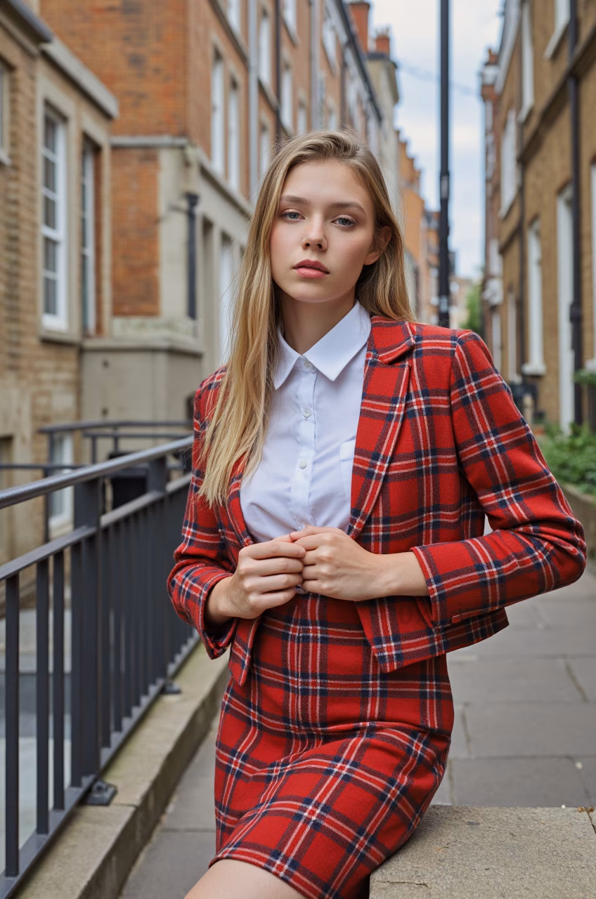 Close-up portrait of a young British woman with blonde hair and pink lips in fashionable attire, expressing love and charm.