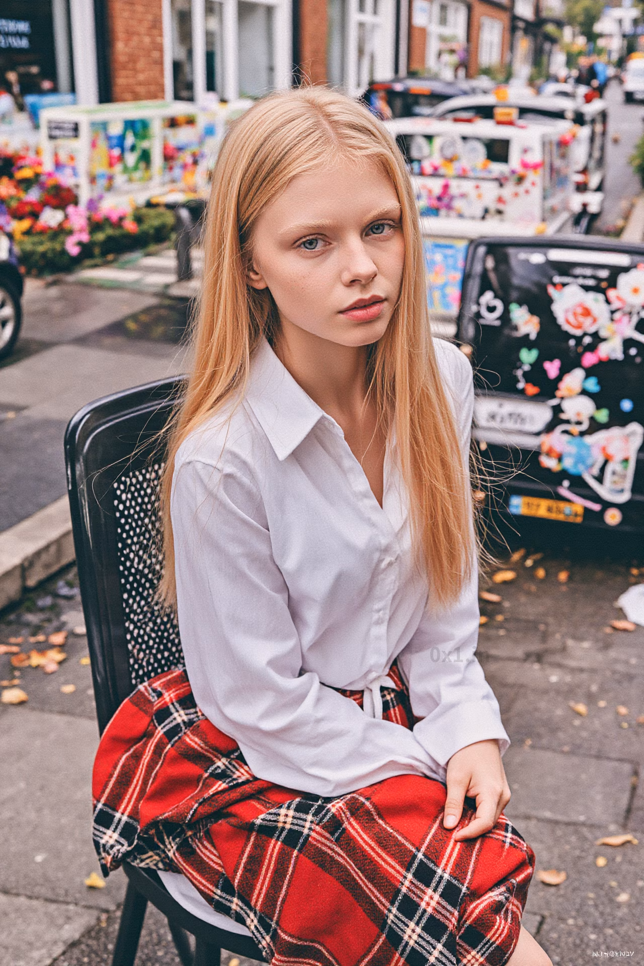 Close-up portrait of a young British woman with blonde hair and pink lips in fashionable attire, expressing love and charm.
