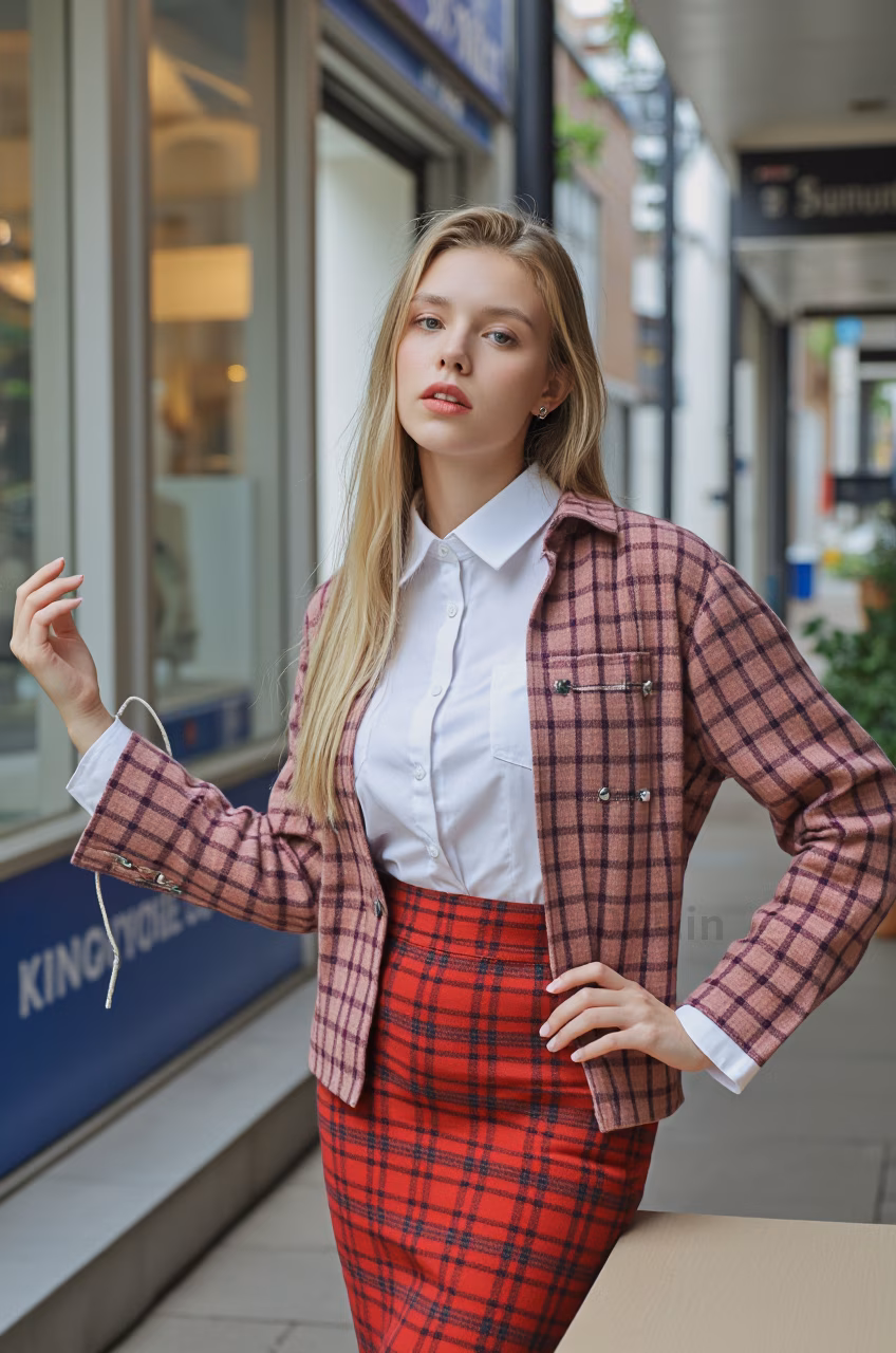 Close-up portrait of a young British woman with blonde hair and pink lips in fashionable attire, expressing love and charm.