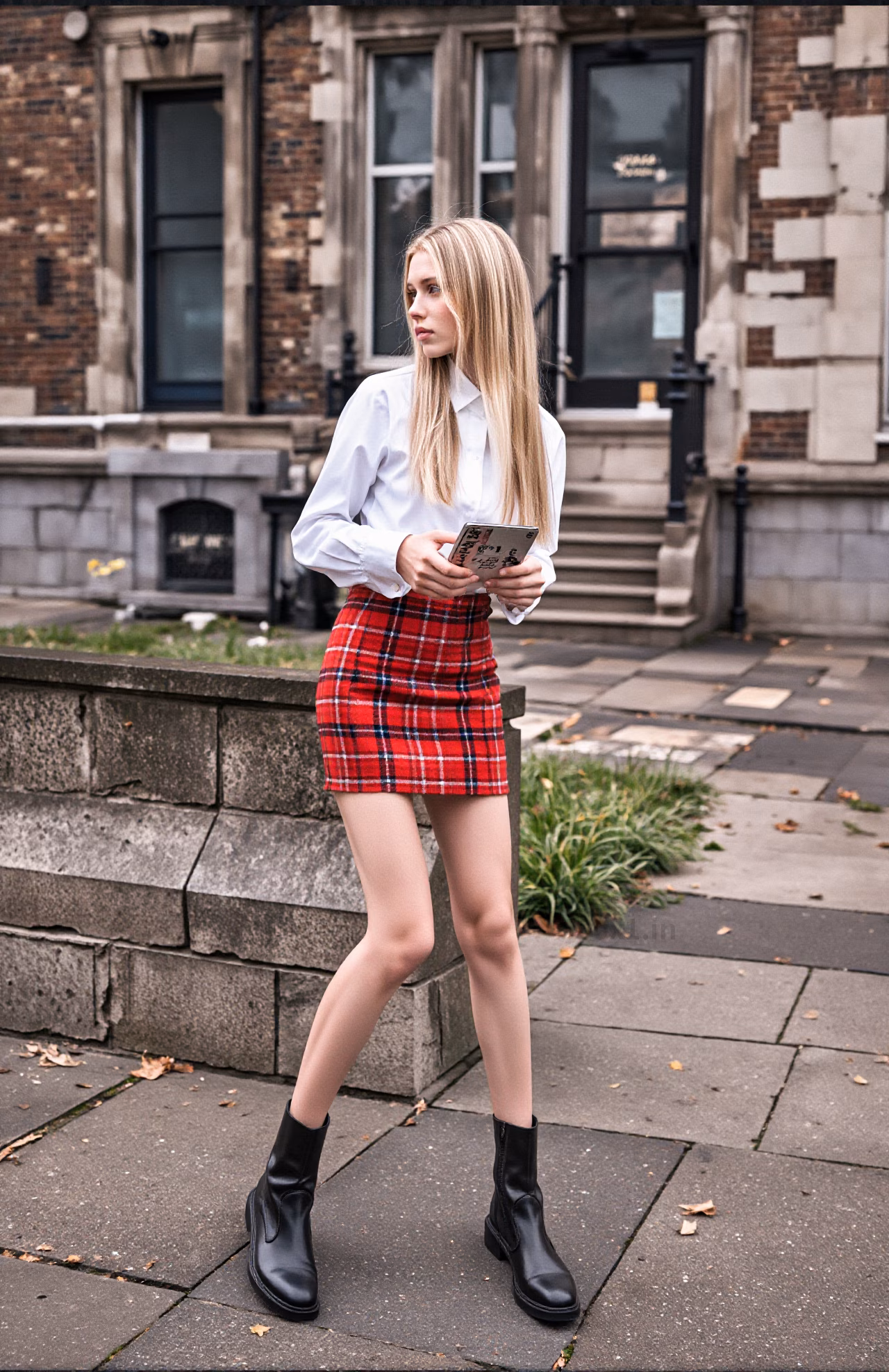 Close-up portrait of a young British woman with blonde hair and pink lips in fashionable attire, expressing love and charm.