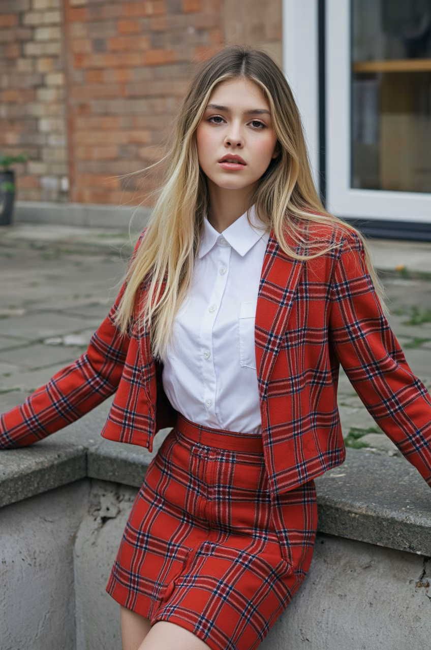Close-up portrait of a young British woman with blonde hair and pink lips in fashionable attire, expressing love and charm.