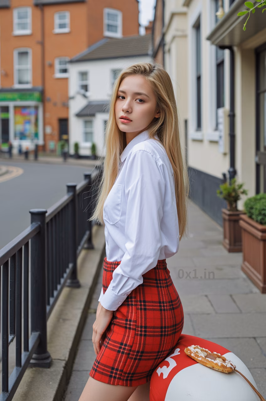 Close-up portrait of a young British woman with blonde hair and pink lips in fashionable attire, expressing love and charm.