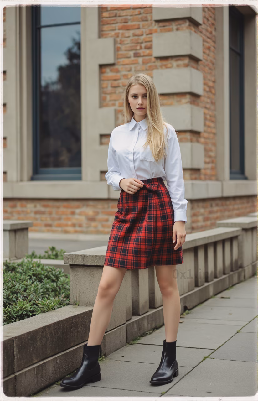 Close-up portrait of a young British woman with blonde hair and pink lips in fashionable attire, expressing love and charm.