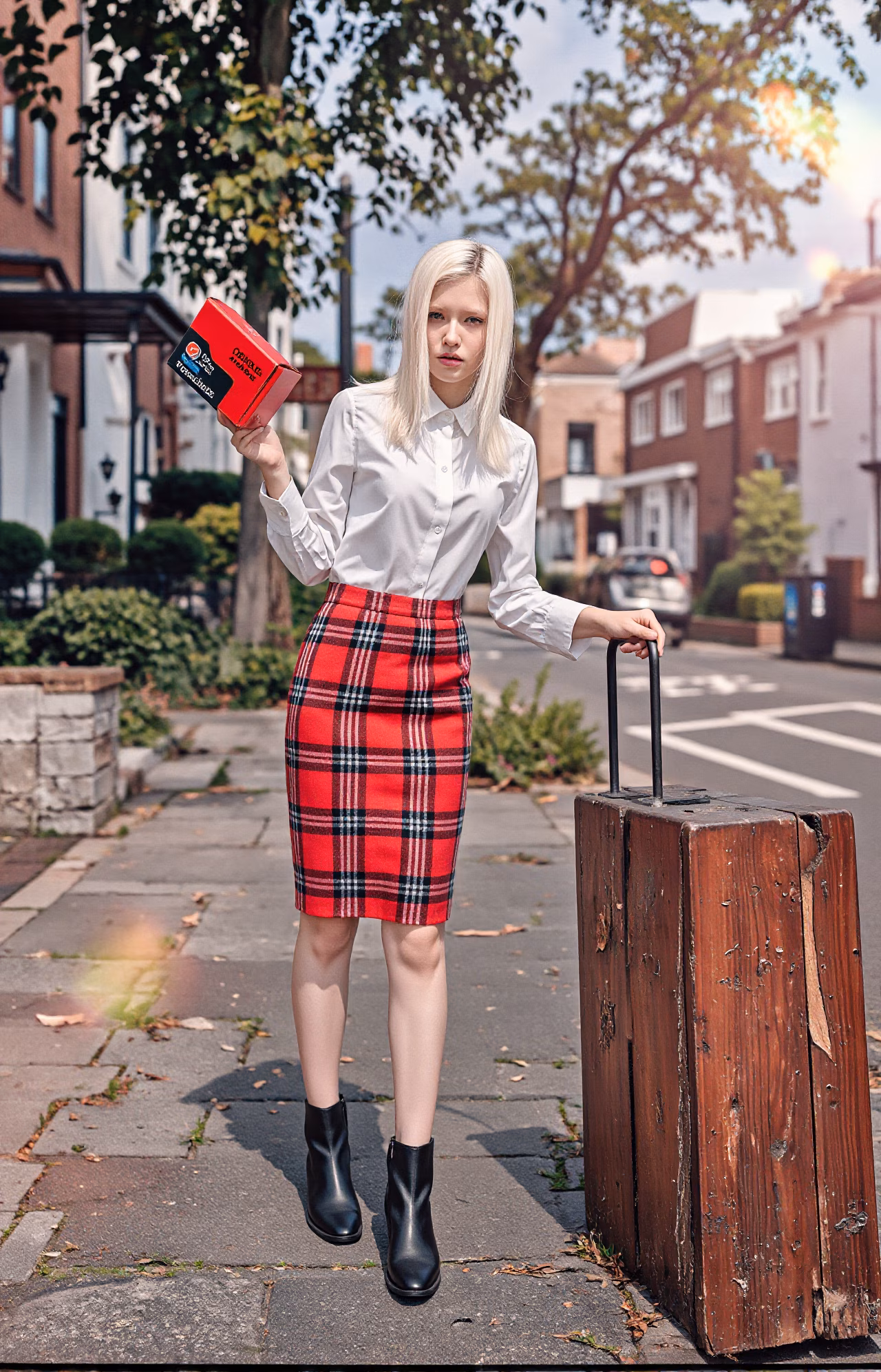 Close-up portrait of a young British woman with blonde hair and pink lips in fashionable attire, expressing love and charm.