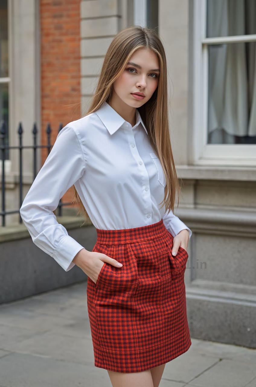 Close-up portrait of a young British woman with blonde hair and pink lips in fashionable attire, expressing love and charm.