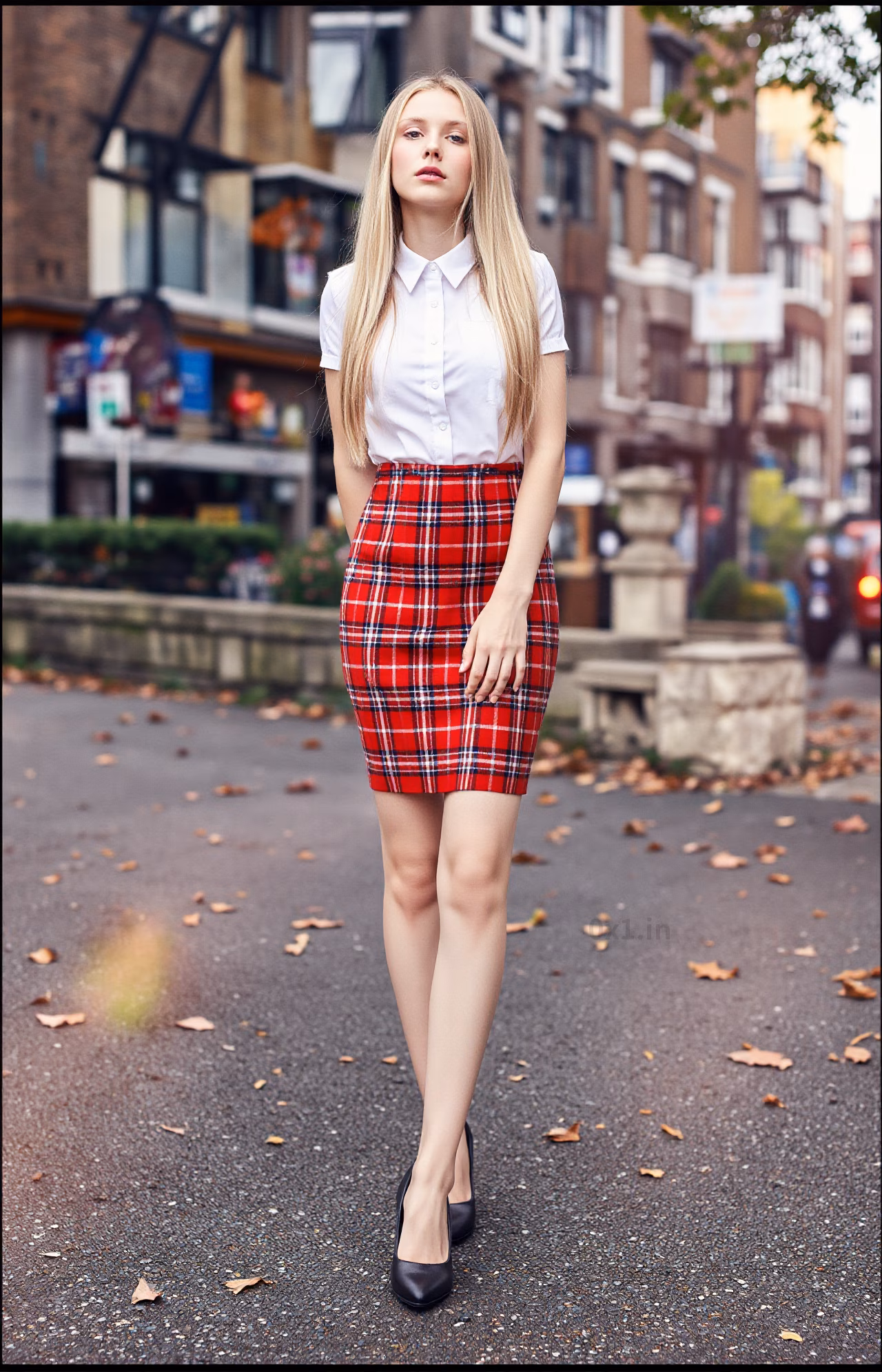 Close-up portrait of a young British woman with blonde hair and pink lips in fashionable attire, expressing love and charm.