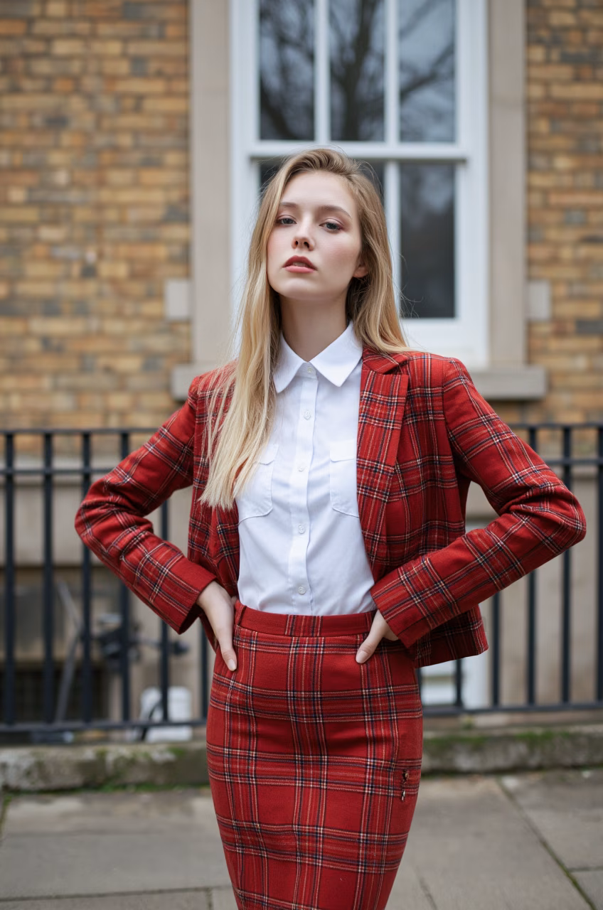 Close-up portrait of a young British woman with blonde hair and pink lips in fashionable attire, expressing love and charm.