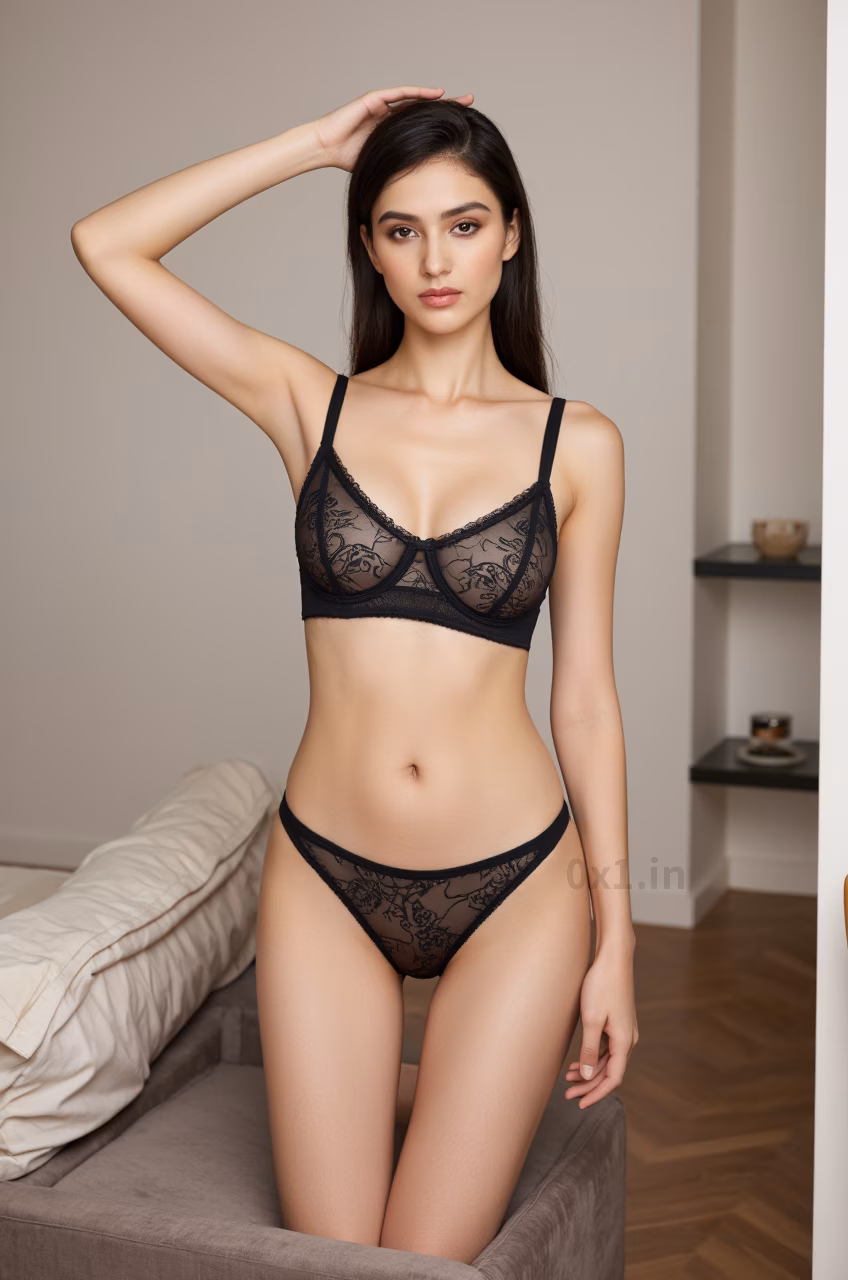 Close-up of a 24-year-old Pakistani woman with brown eyes and long black hair, wearing black lace thongs, expressing love.