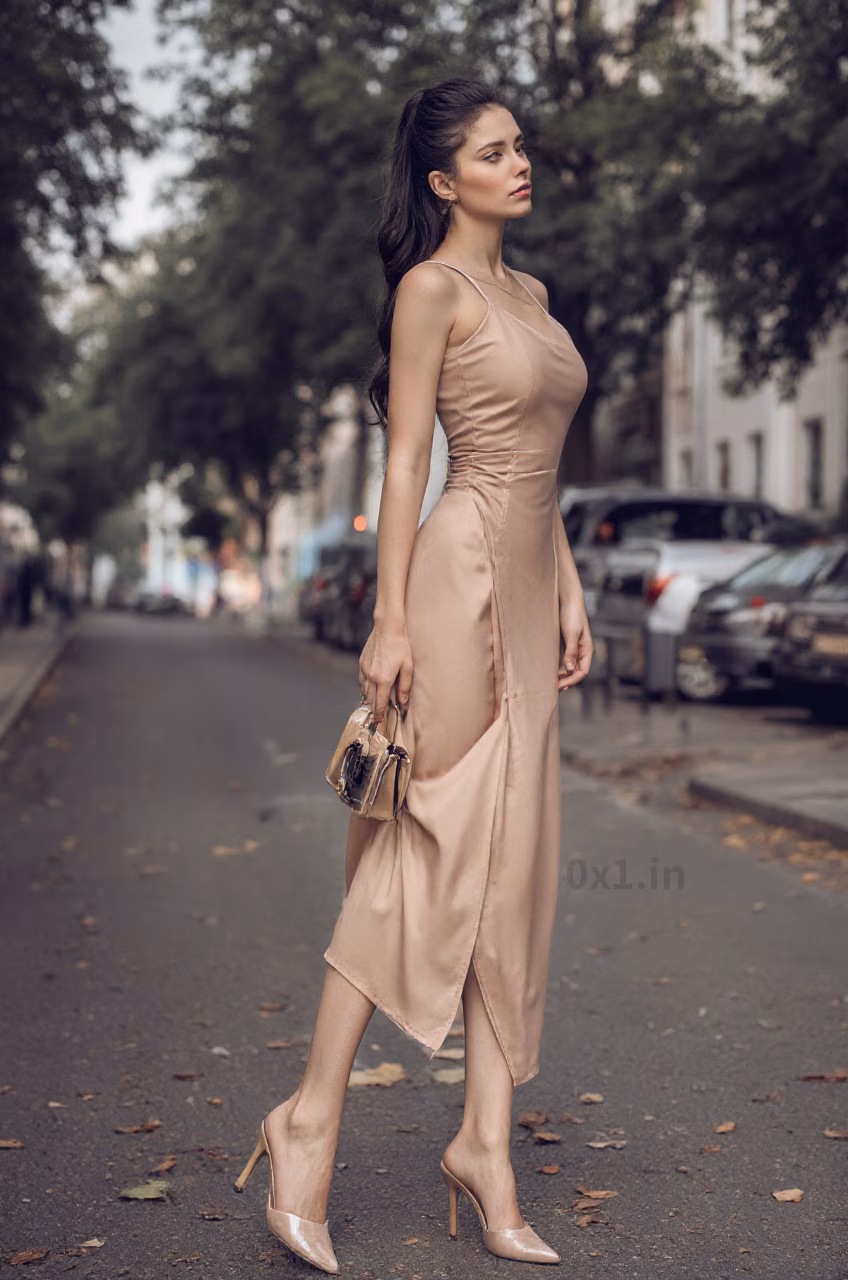 Portrait of a beautiful Russian woman in an elegant dress with black hair in a ballerina bun and pink lips, expressing love.