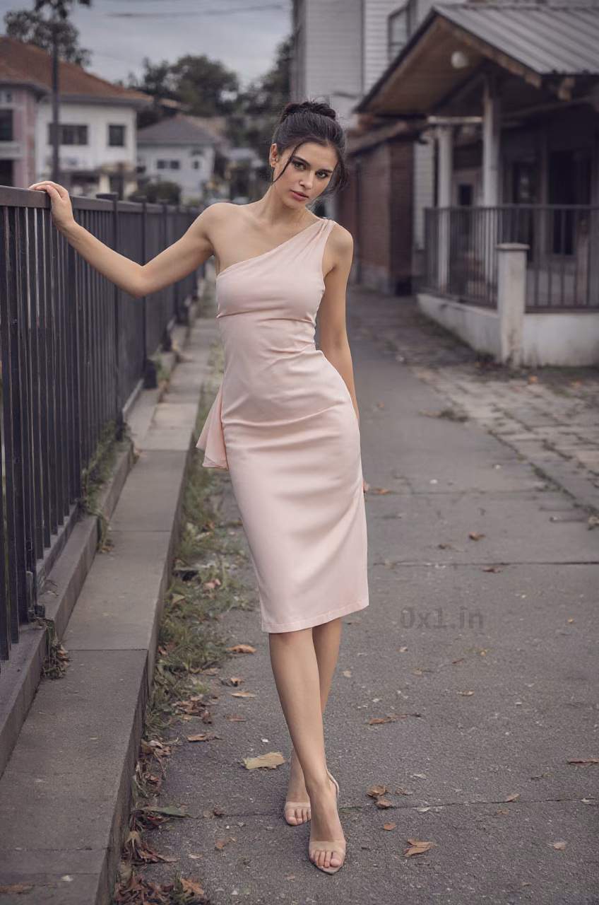 Portrait of a beautiful Russian woman in an elegant dress with black hair in a ballerina bun and pink lips, expressing love.