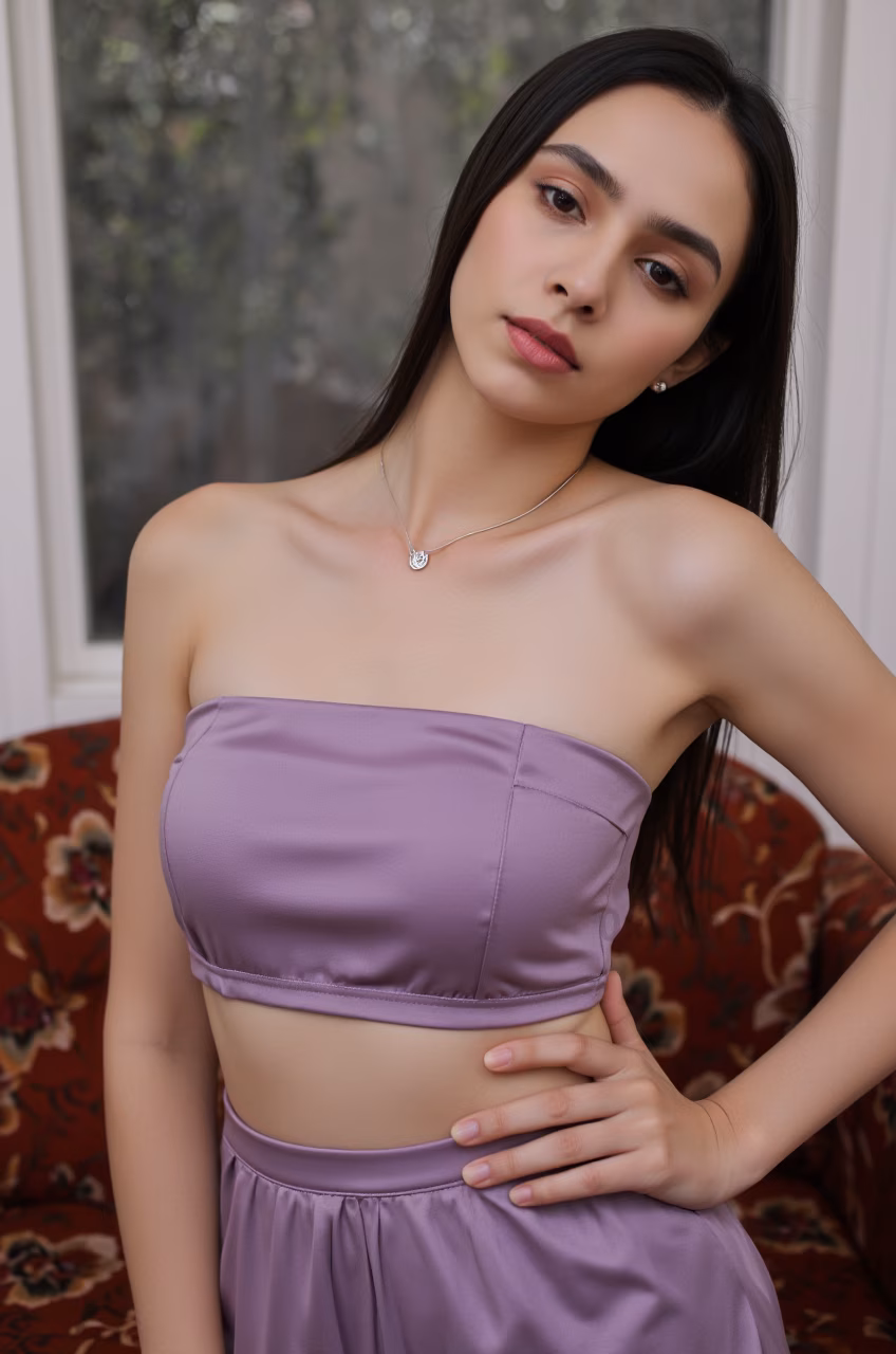 Close-up portrait of a Pakistani woman in a purple cocktail dress, captured in a loving expression.