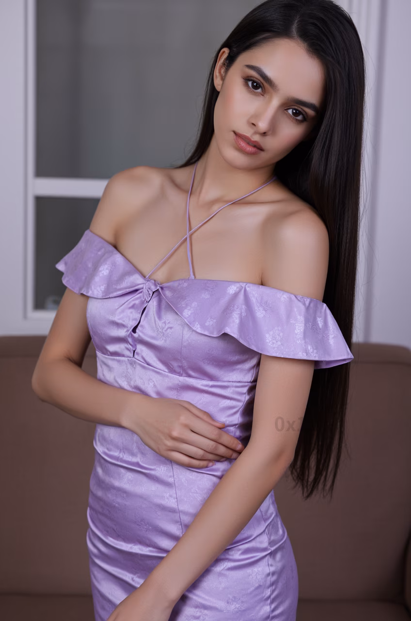 Close-up portrait of a Pakistani woman in a purple cocktail dress, captured in a loving expression.