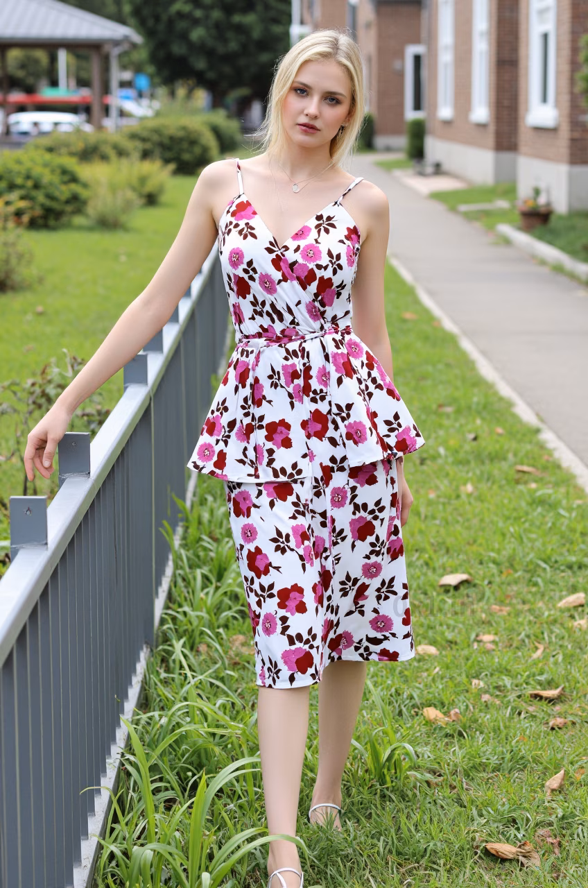 Close-up of a slim Czech woman with red lips and long blonde hair in a floral dress, set in a garden.