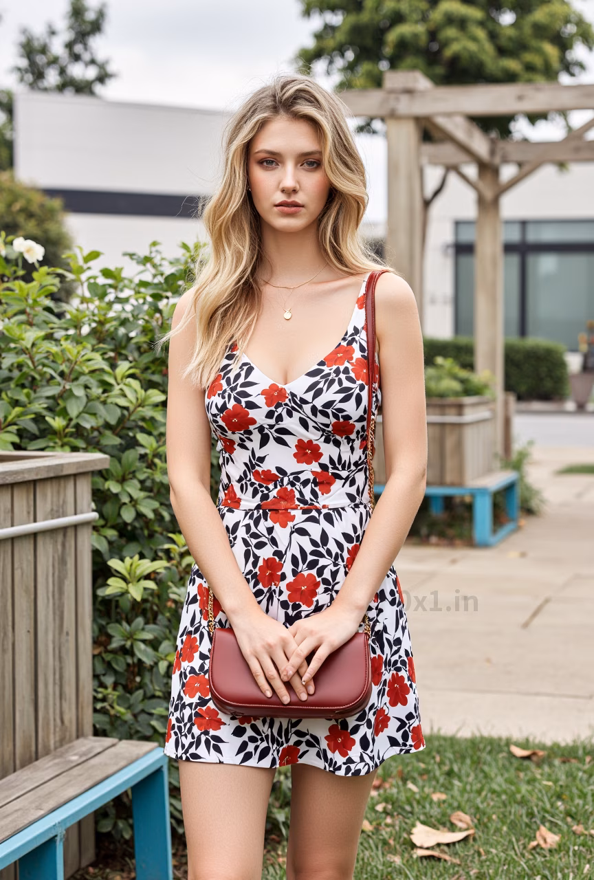 Close-up of a slim Czech woman with red lips and long blonde hair in a floral dress, set in a garden.