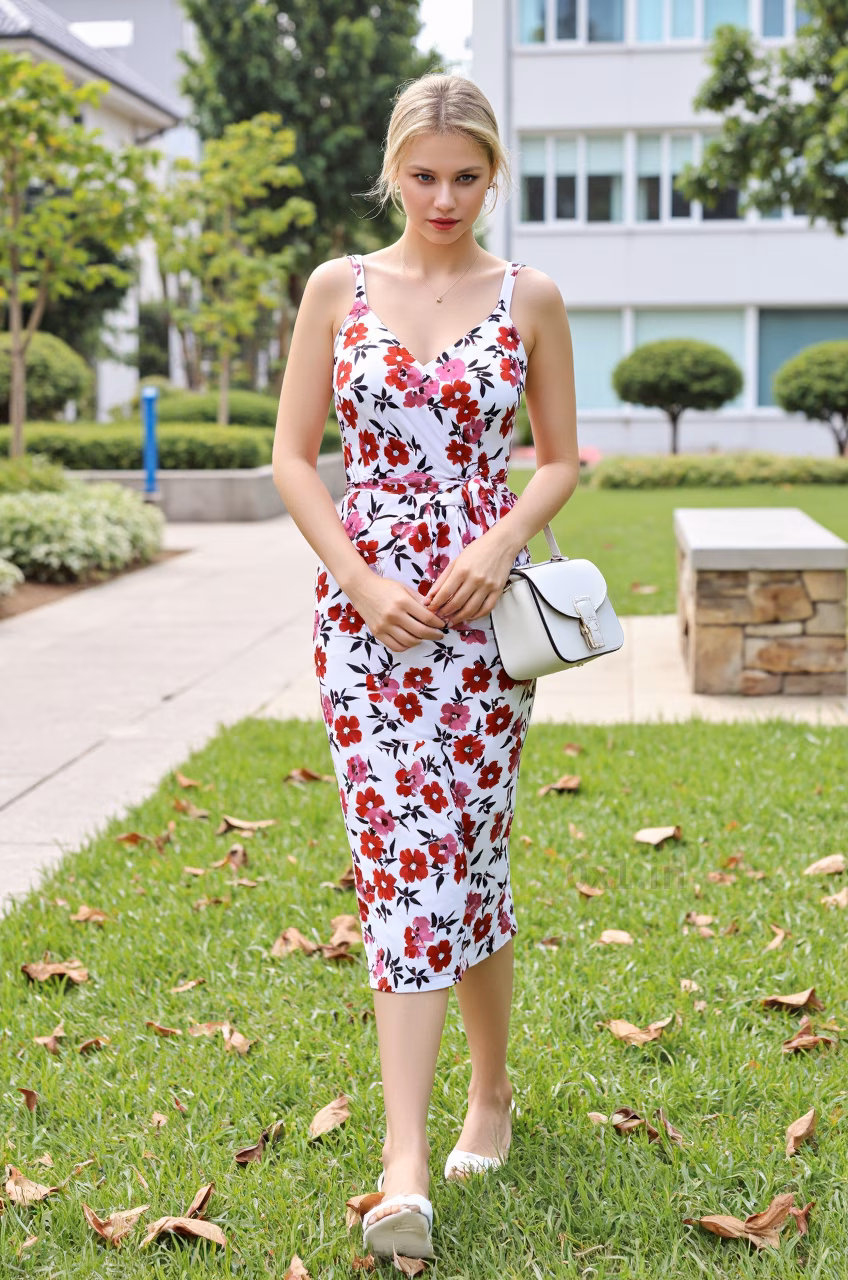 Close-up of a slim Czech woman with red lips and long blonde hair in a floral dress, set in a garden.