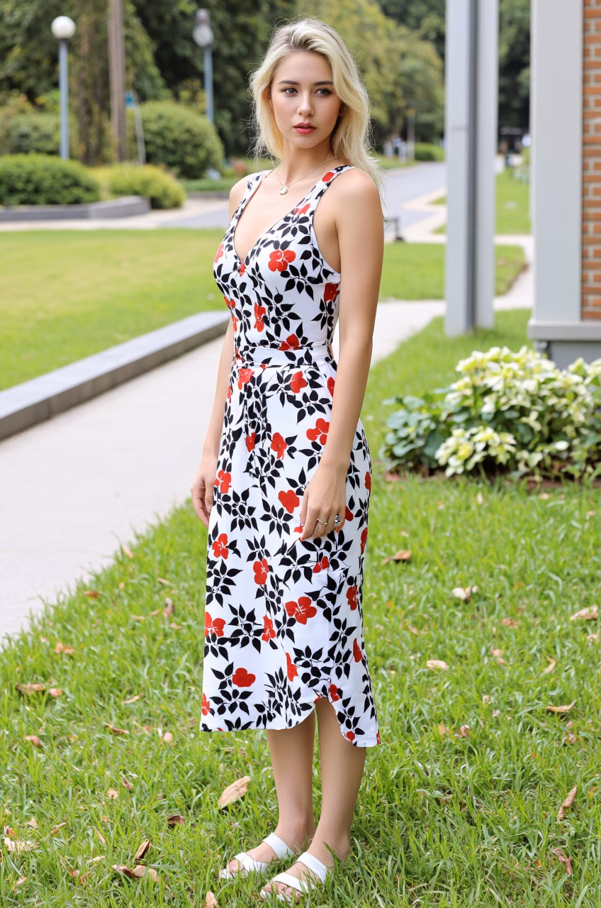Close-up of a slim Czech woman with red lips and long blonde hair in a floral dress, set in a garden.