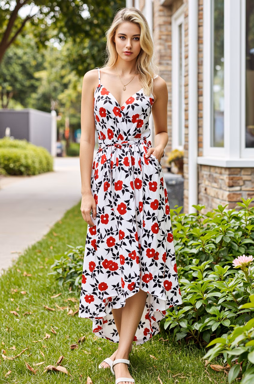 Close-up of a slim Czech woman with red lips and long blonde hair in a floral dress, set in a garden.