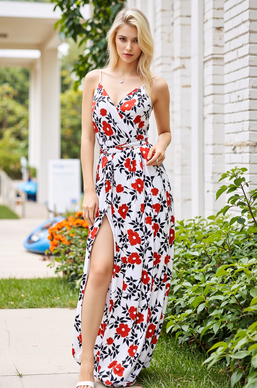 Close-up of a slim Czech woman with red lips and long blonde hair in a floral dress, set in a garden.