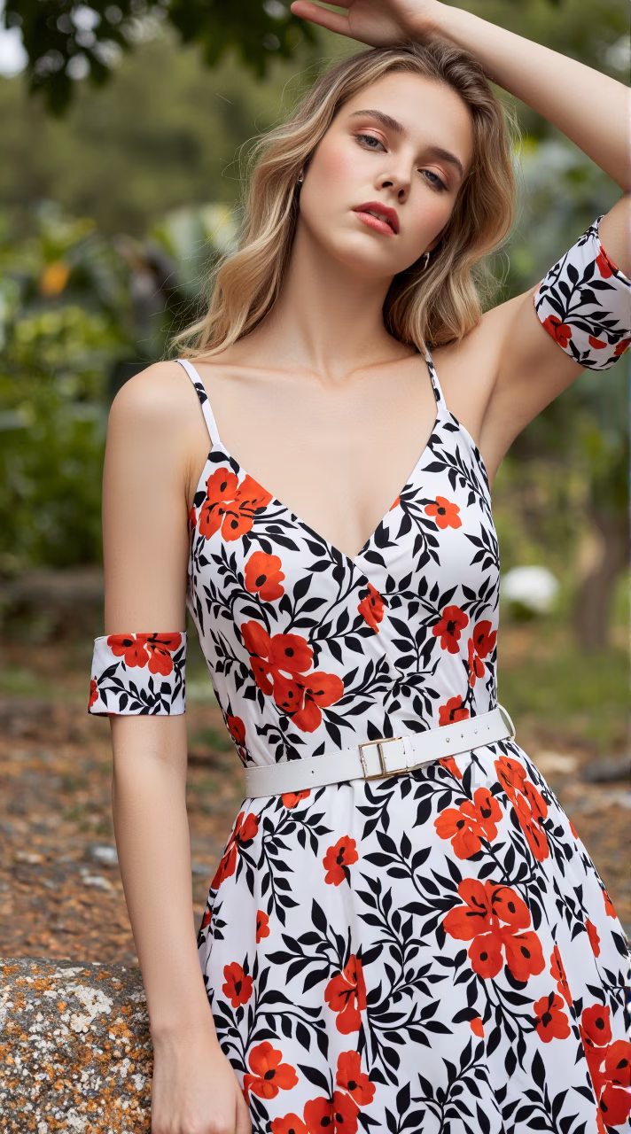 Close-up of a slim Czech woman with red lips and long blonde hair in a floral dress, set in a garden.