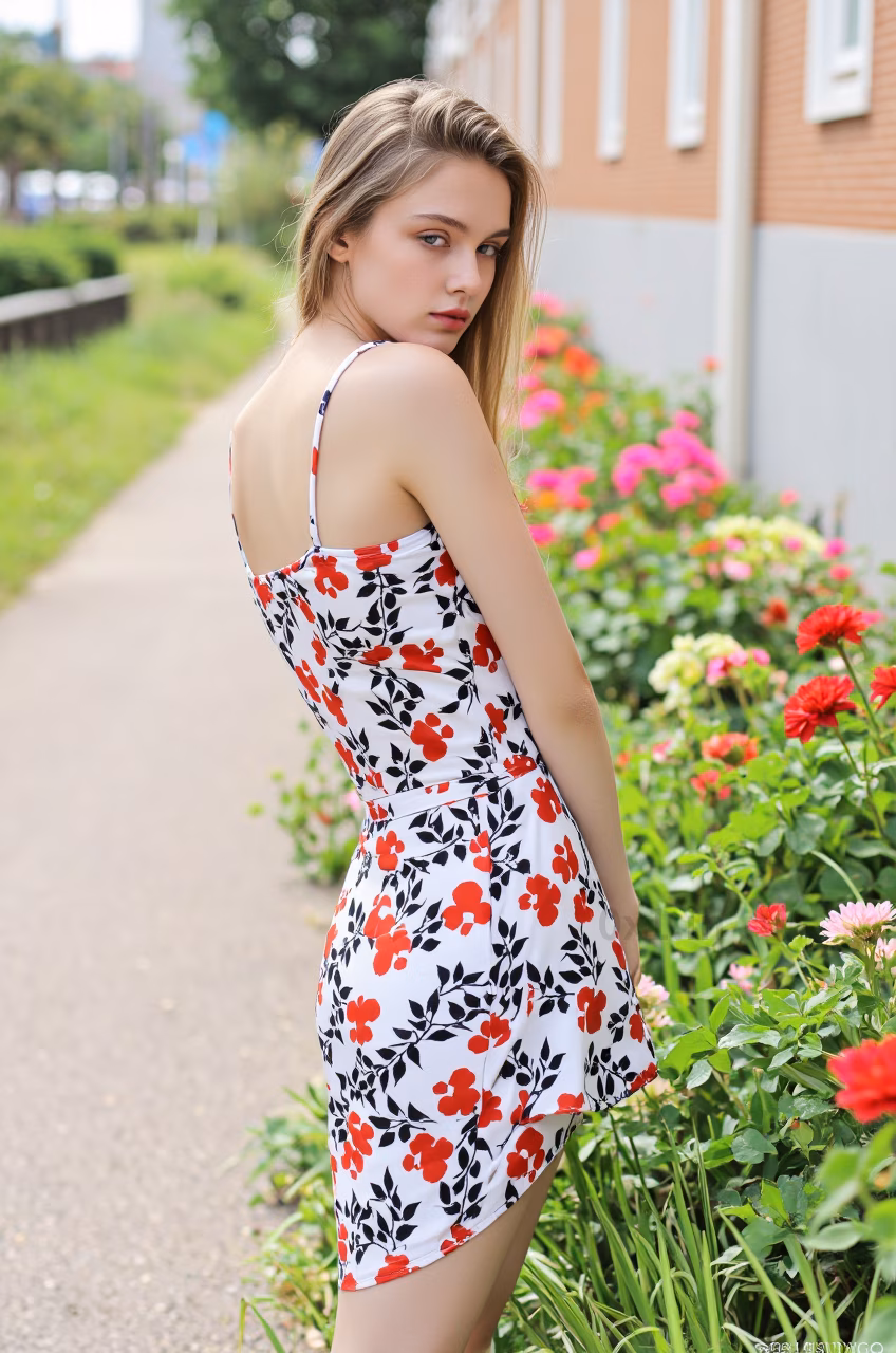 Close-up of a slim Czech woman with red lips and long blonde hair in a floral dress, set in a garden.