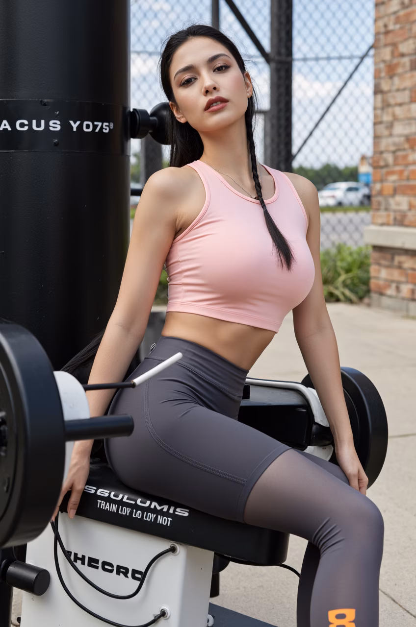 Close-up shot of a curvy Brazilian woman wearing gym clothes, showcasing her full lips and long black hair in a loving expression.