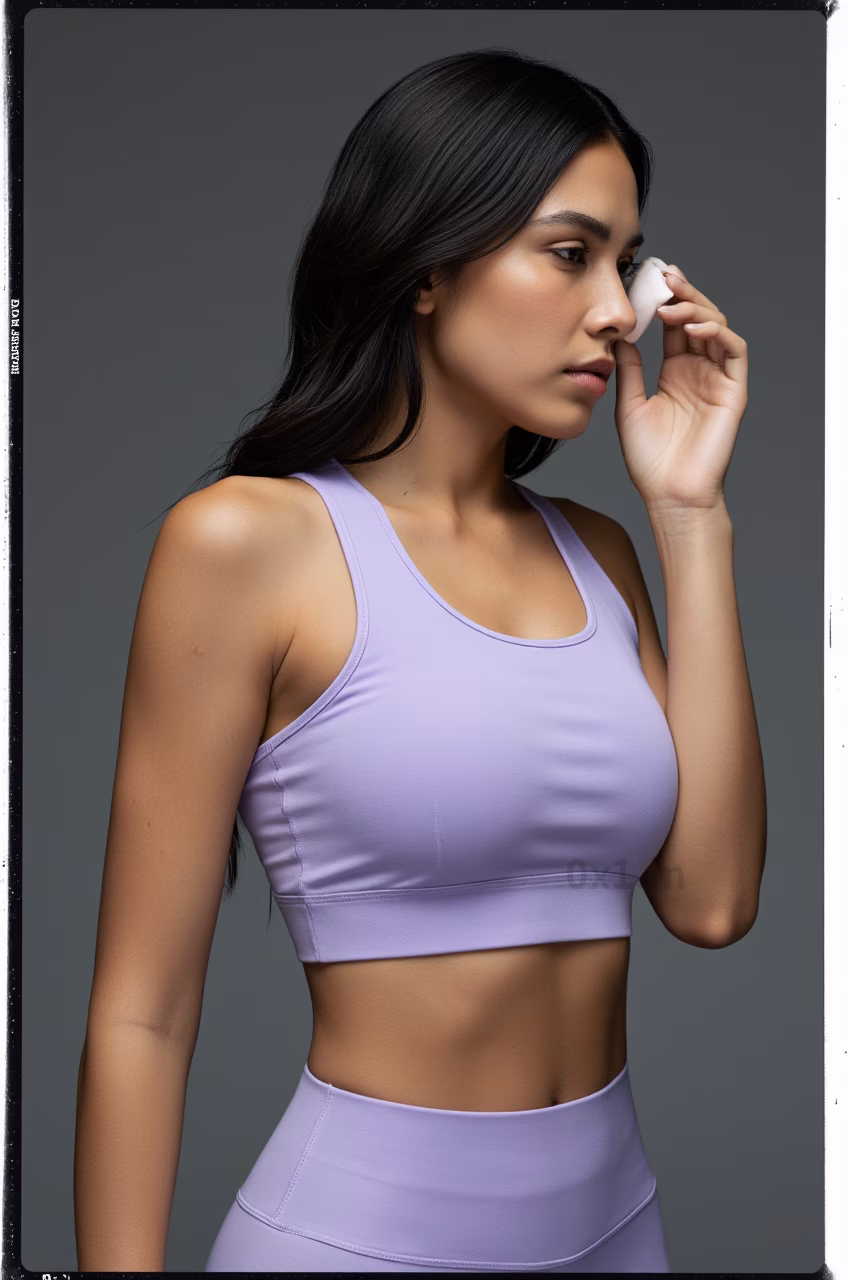 Close-up shot of a curvy Brazilian woman wearing gym clothes, showcasing her full lips and long black hair in a loving expression.