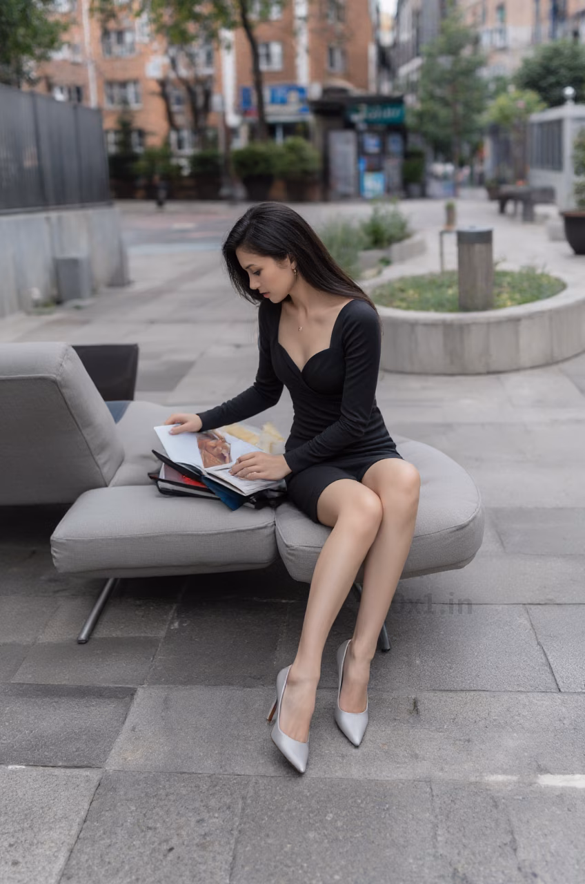 Czech woman in elegant black ruched bodycon dress showcasing long straight black hair in various settings.