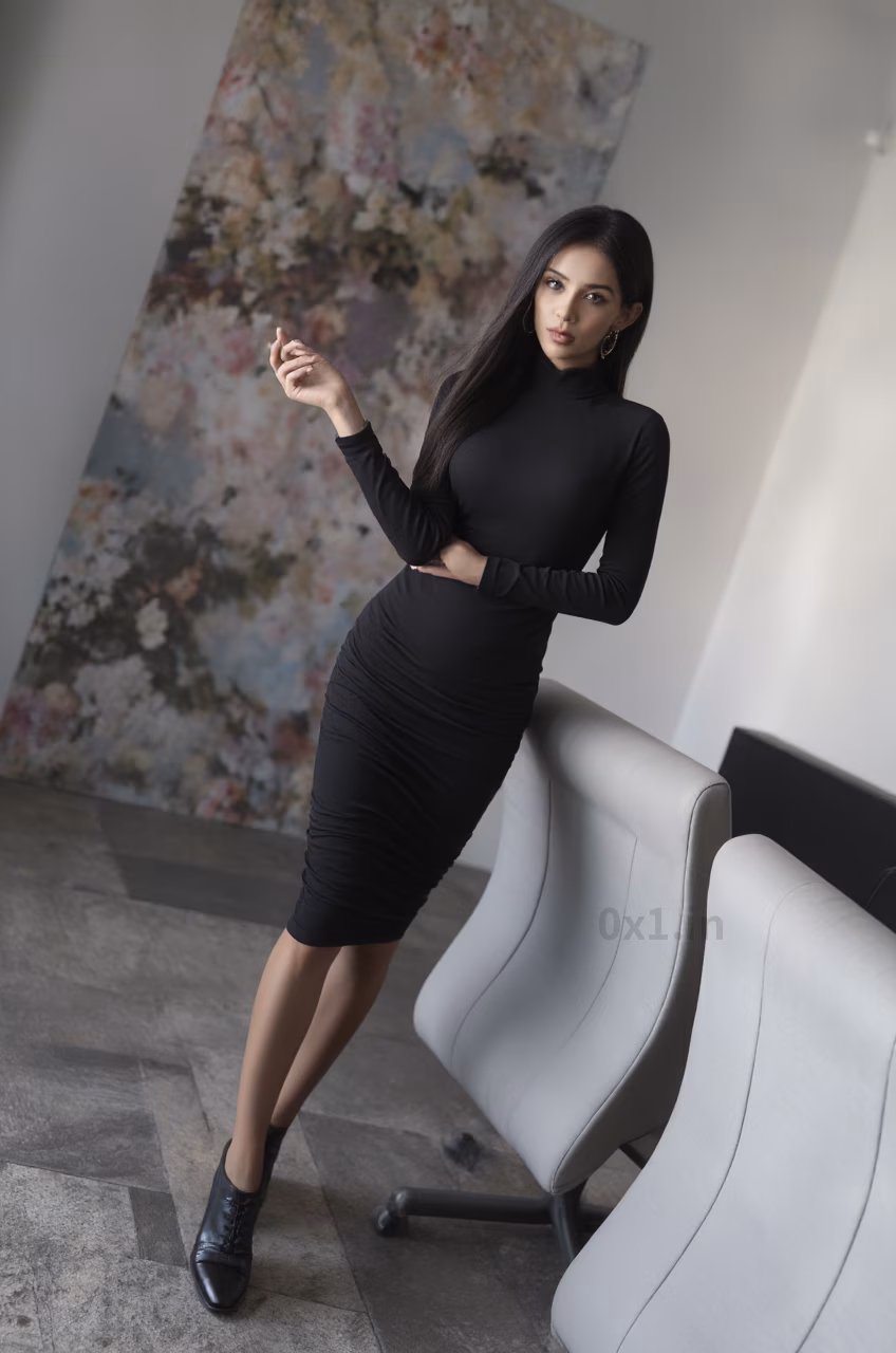 Czech woman in elegant black ruched bodycon dress showcasing long straight black hair in various settings.