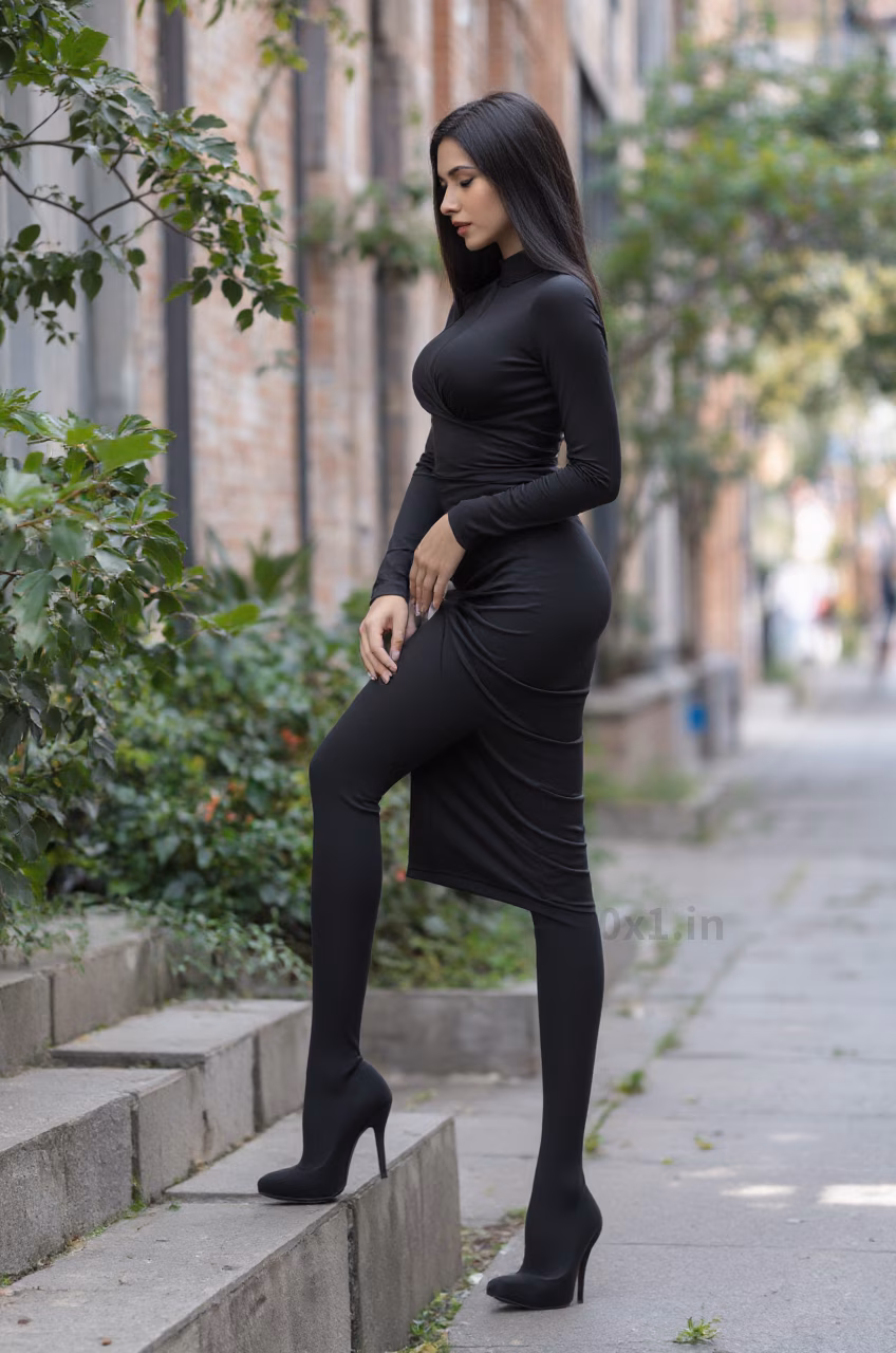 Czech woman in elegant black ruched bodycon dress showcasing long straight black hair in various settings.