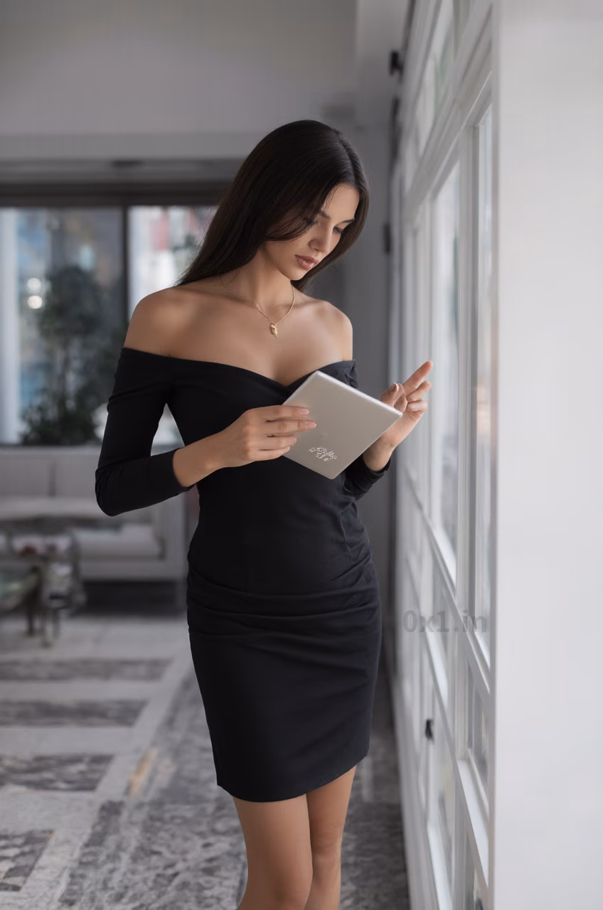 Czech woman in elegant black ruched bodycon dress showcasing long straight black hair in various settings.