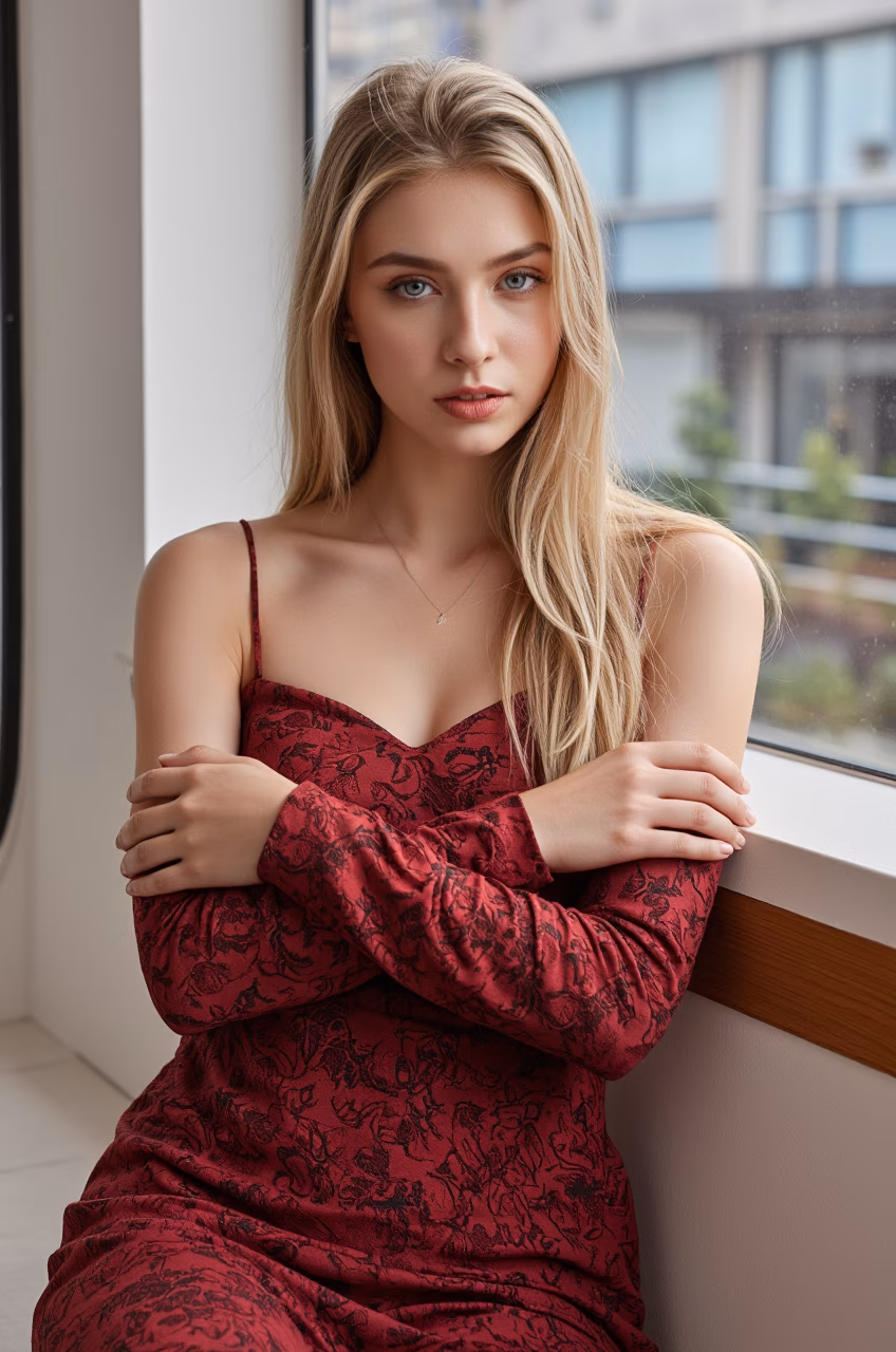 Close-up of an elegant Argentine woman in a burgundy lace cocktail dress with long blonde hair and pink lips, portraying a loving expression in a stylish living room.