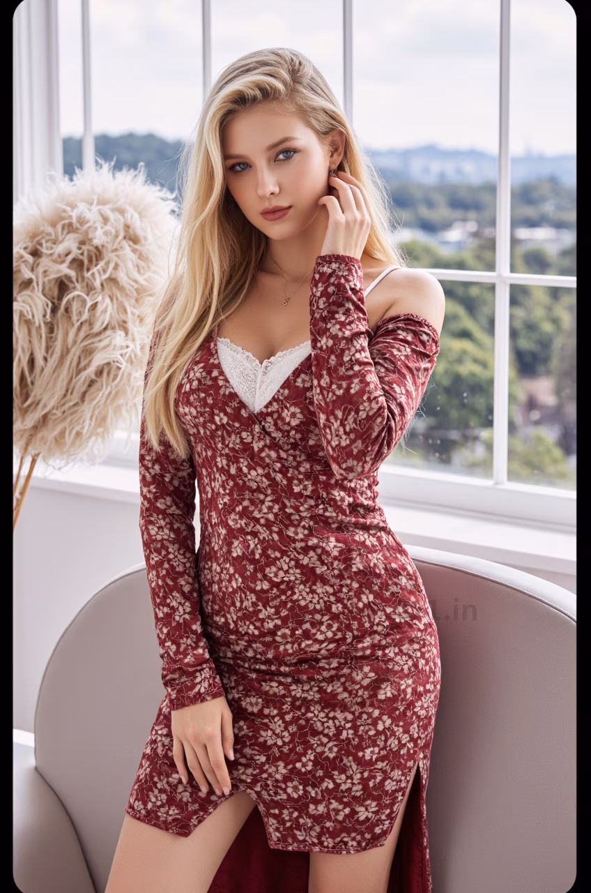 Close-up of an elegant Argentine woman in a burgundy lace cocktail dress with long blonde hair and pink lips, portraying a loving expression in a stylish living room.