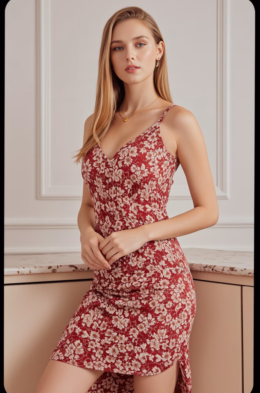 Close-up of an elegant Argentine woman in a burgundy lace cocktail dress with long blonde hair and pink lips, portraying a loving expression in a stylish living room.