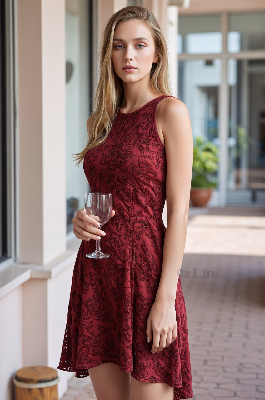 Close-up of an elegant Argentine woman in a burgundy lace cocktail dress with long blonde hair and pink lips, portraying a loving expression in a stylish living room.