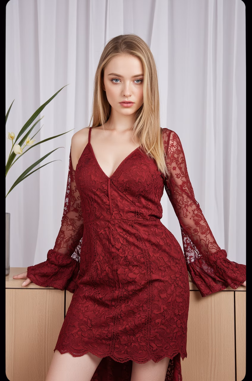 Close-up of an elegant Argentine woman in a burgundy lace cocktail dress with long blonde hair and pink lips, portraying a loving expression in a stylish living room.