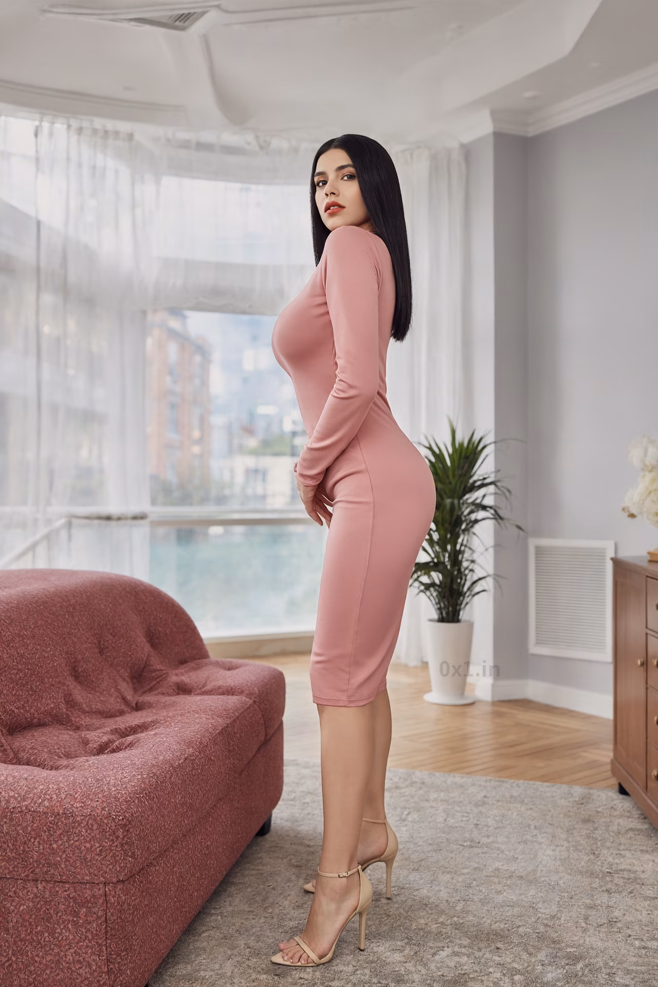 Close-up portrait of a content tall Romanian woman with brown eyes and red lips in a bodycon dress in an office setting.