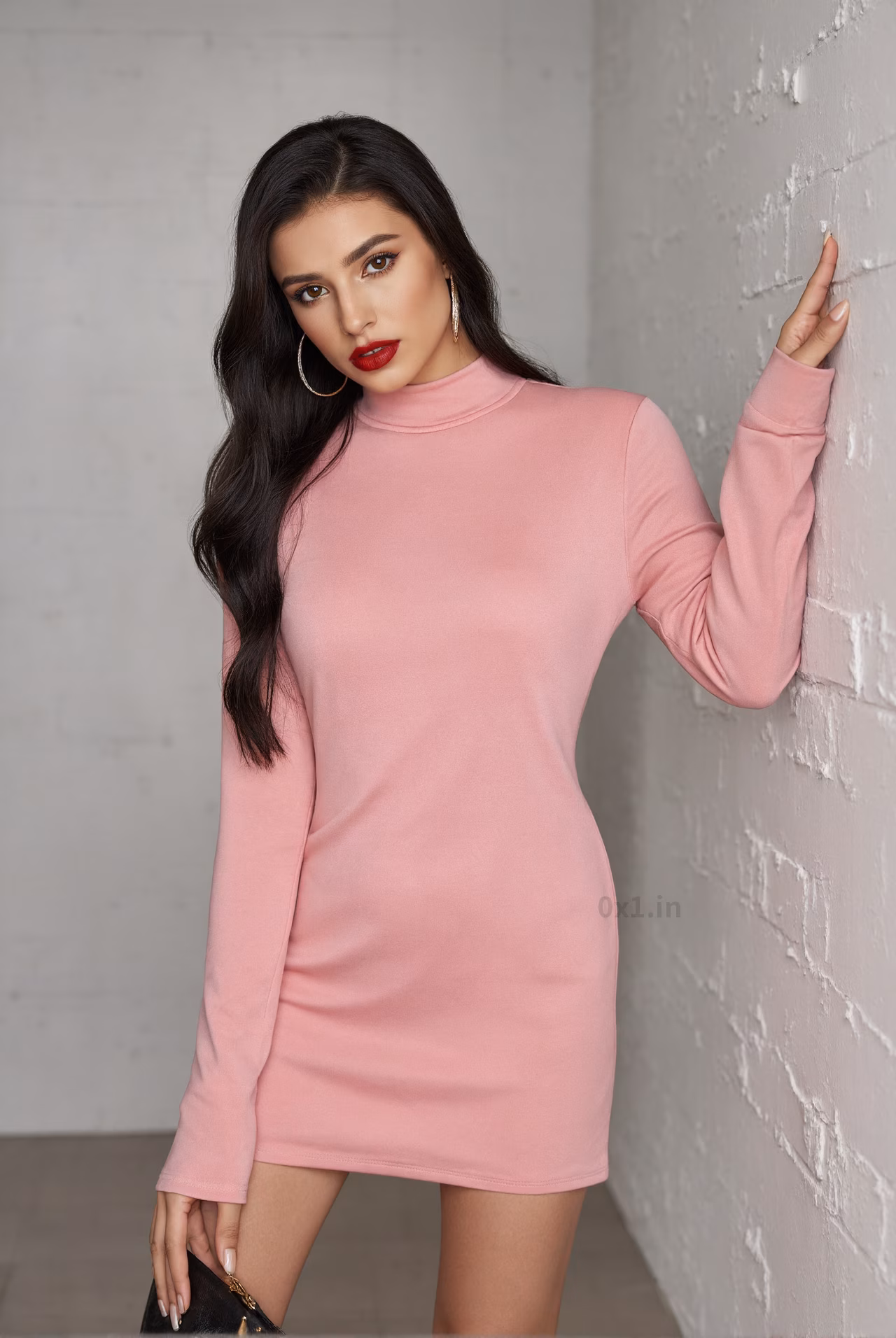 Close-up portrait of a content tall Romanian woman with brown eyes and red lips in a bodycon dress in an office setting.