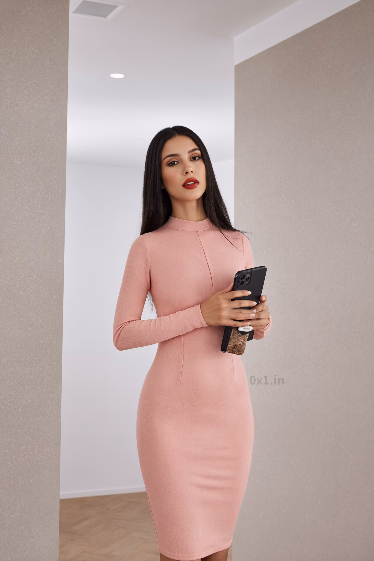 Close-up portrait of a content tall Romanian woman with brown eyes and red lips in a bodycon dress in an office setting.