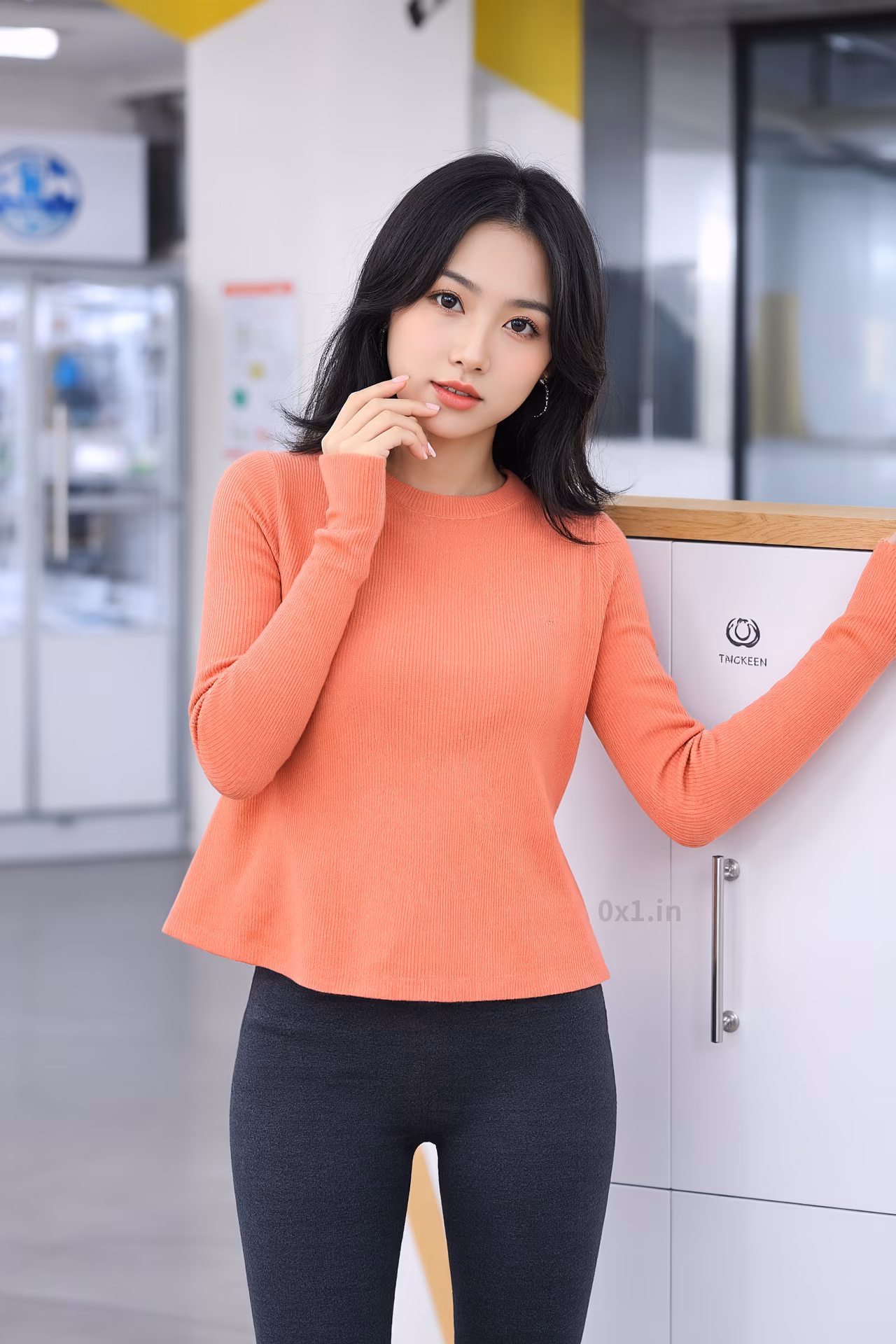Close-up portrait of a 26-year-old slim Japanese woman with brown eyes and pink lips, smiling in stylish winter attire.