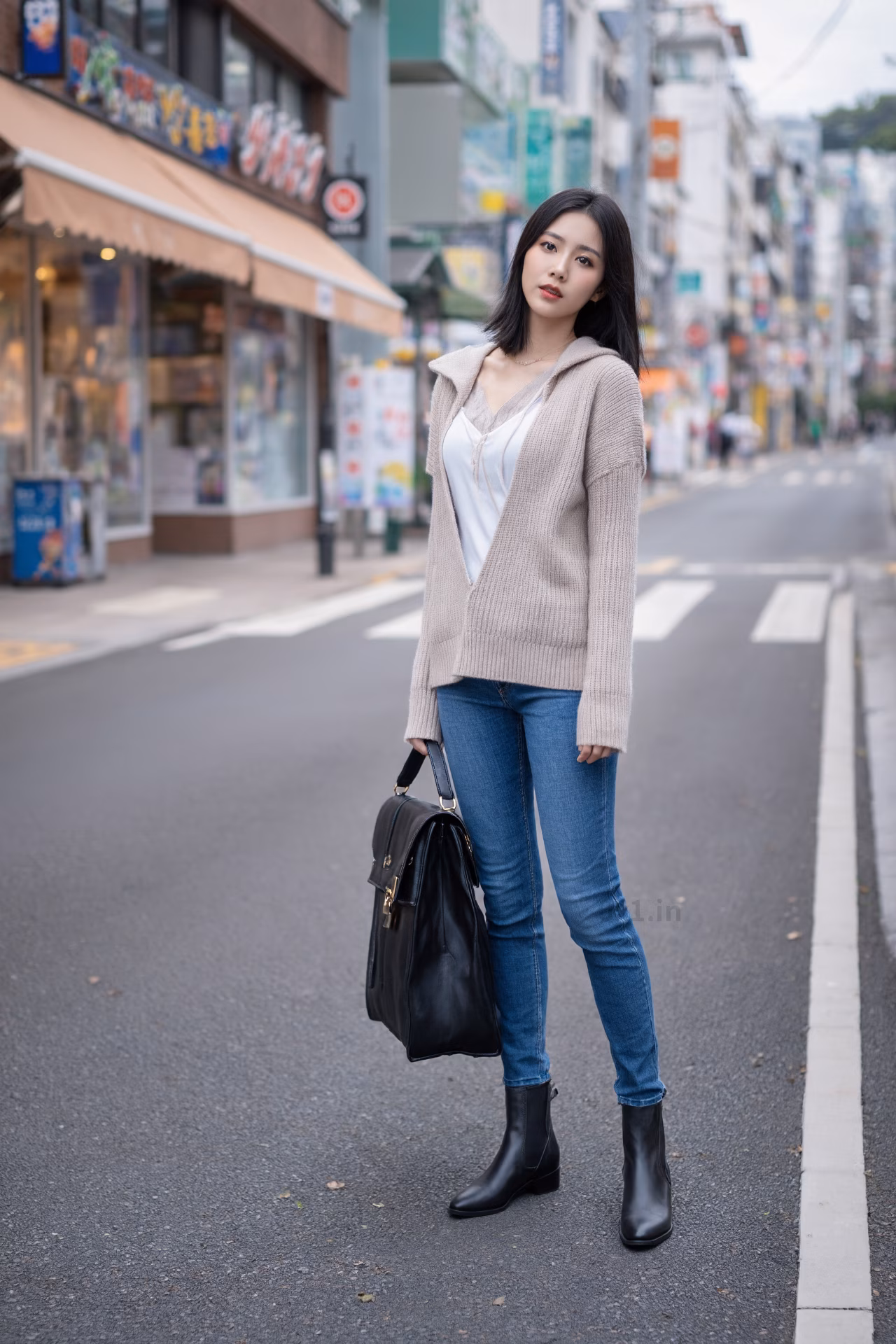 Close-up portrait of a slim Japanese woman wearing an oversized hoodie and bootcut jeans, surrounded by a Japanese street backdrop.