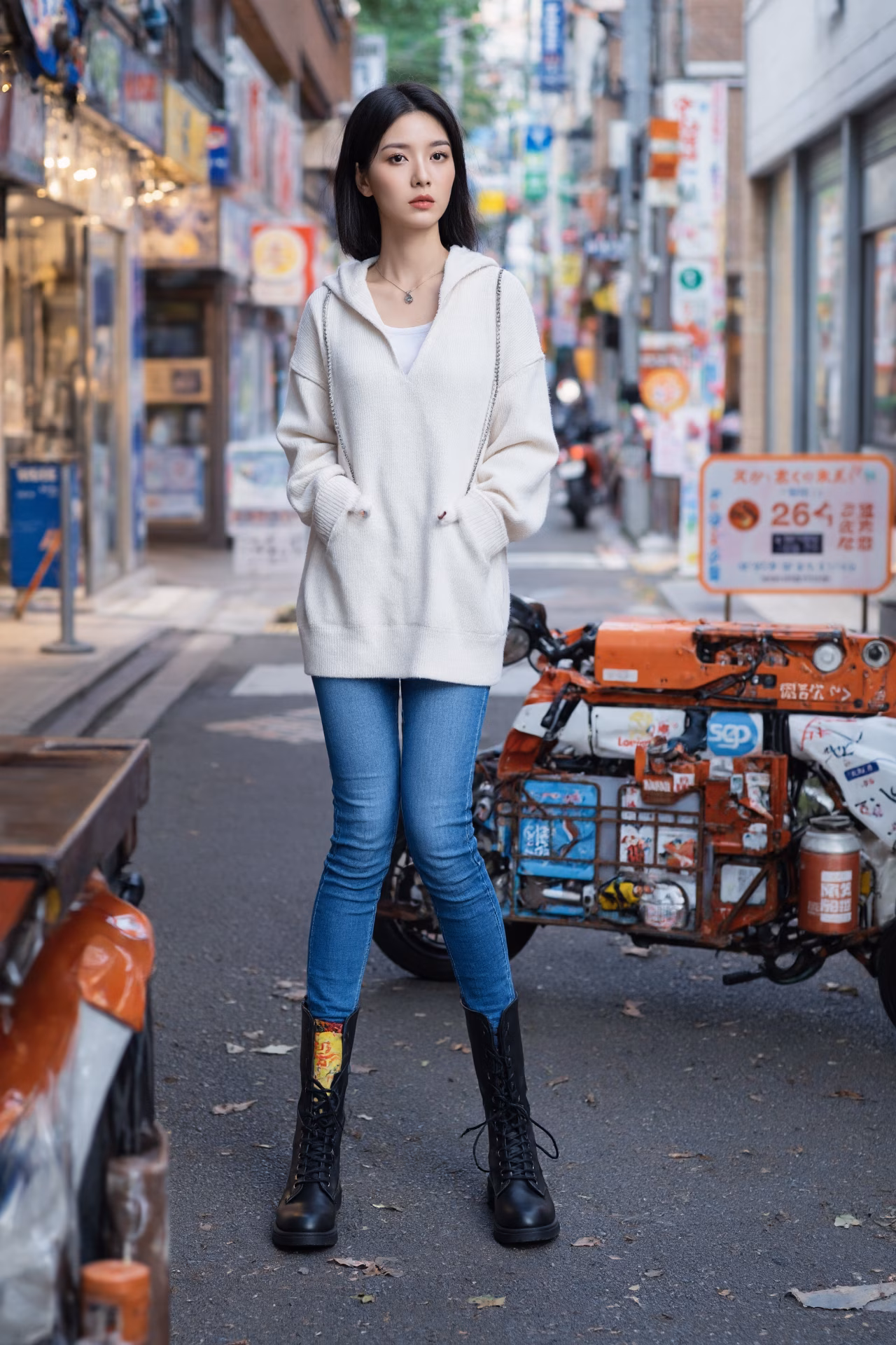 Close-up portrait of a slim Japanese woman wearing an oversized hoodie and bootcut jeans, surrounded by a Japanese street backdrop.
