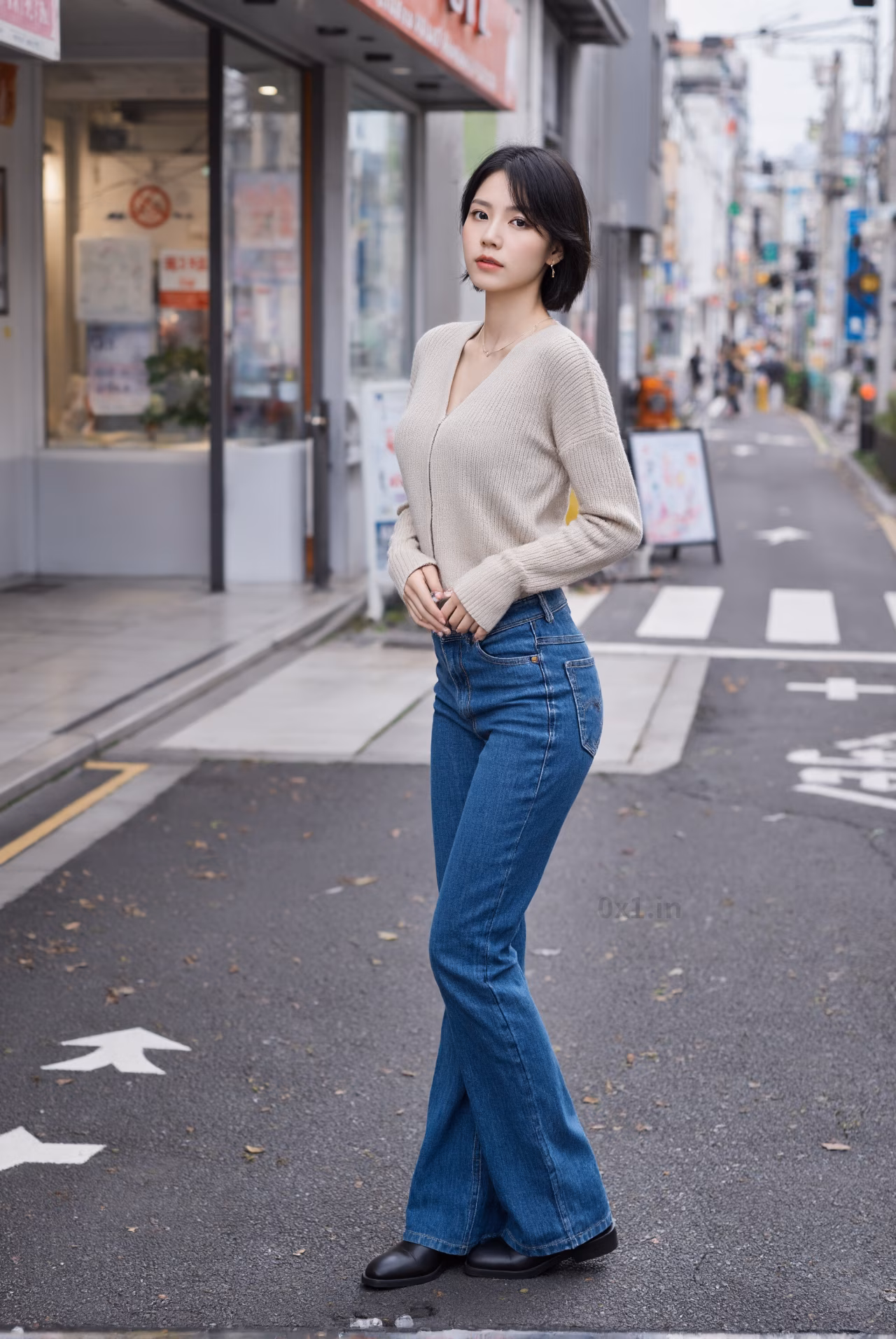 Close-up portrait of a slim Japanese woman wearing an oversized hoodie and bootcut jeans, surrounded by a Japanese street backdrop.