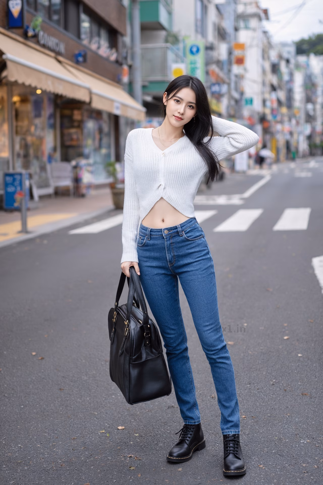 Close-up portrait of a slim Japanese woman wearing an oversized hoodie and bootcut jeans, surrounded by a Japanese street backdrop.