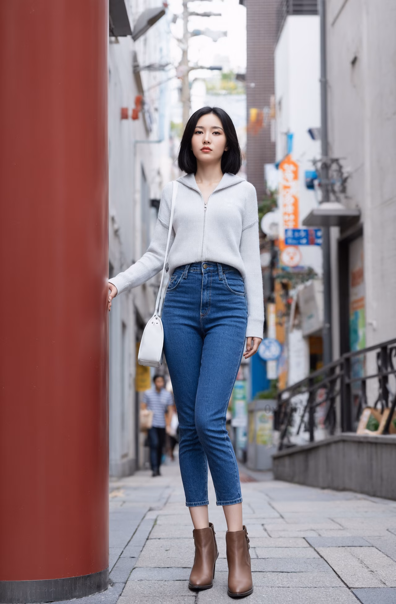 Close-up portrait of a slim Japanese woman wearing an oversized hoodie and bootcut jeans, surrounded by a Japanese street backdrop.