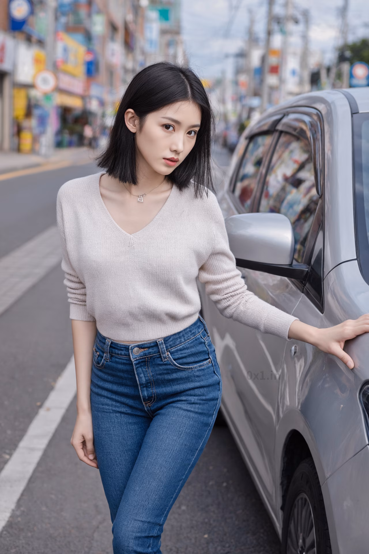 Close-up portrait of a slim Japanese woman wearing an oversized hoodie and bootcut jeans, surrounded by a Japanese street backdrop.