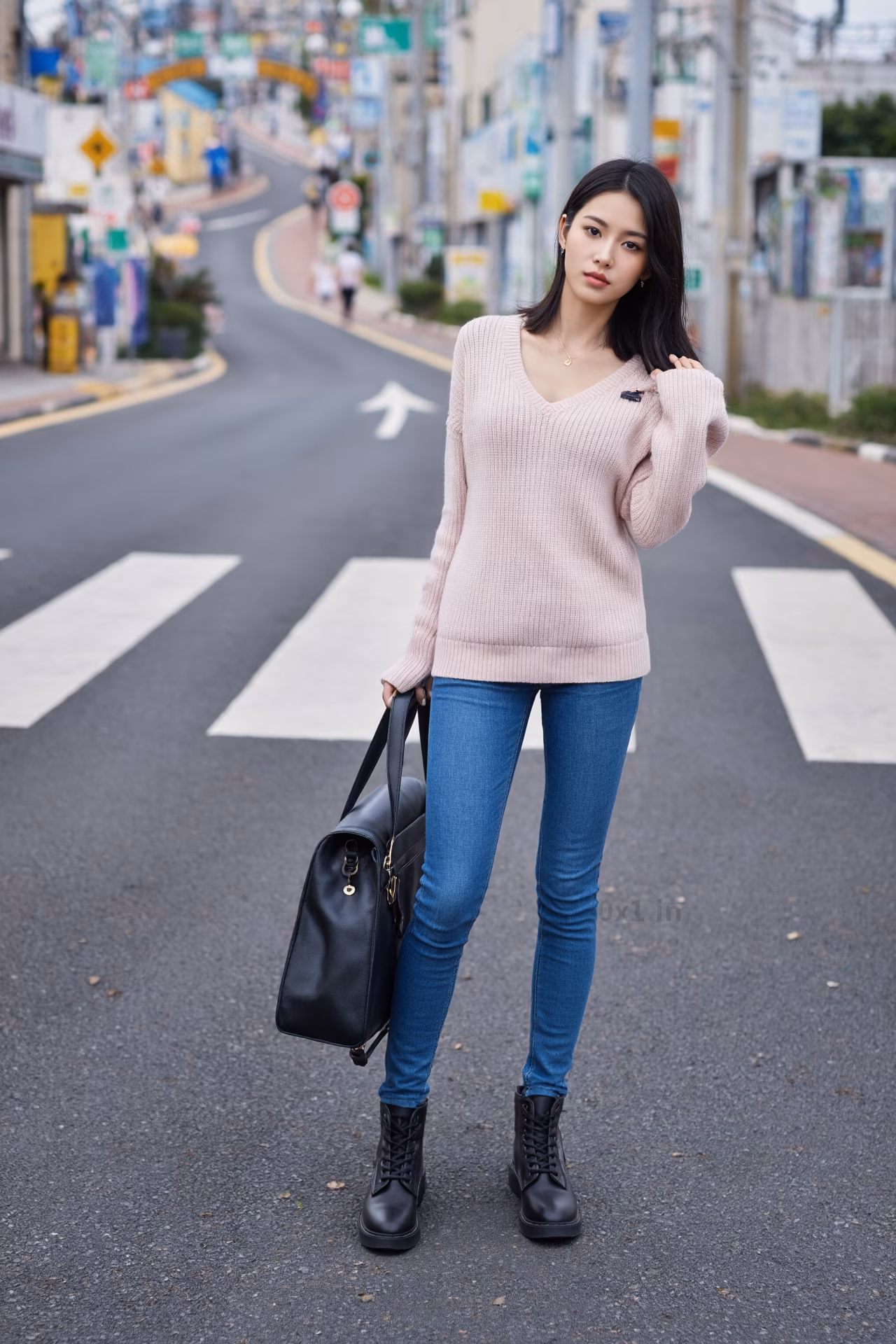Close-up portrait of a slim Japanese woman wearing an oversized hoodie and bootcut jeans, surrounded by a Japanese street backdrop.