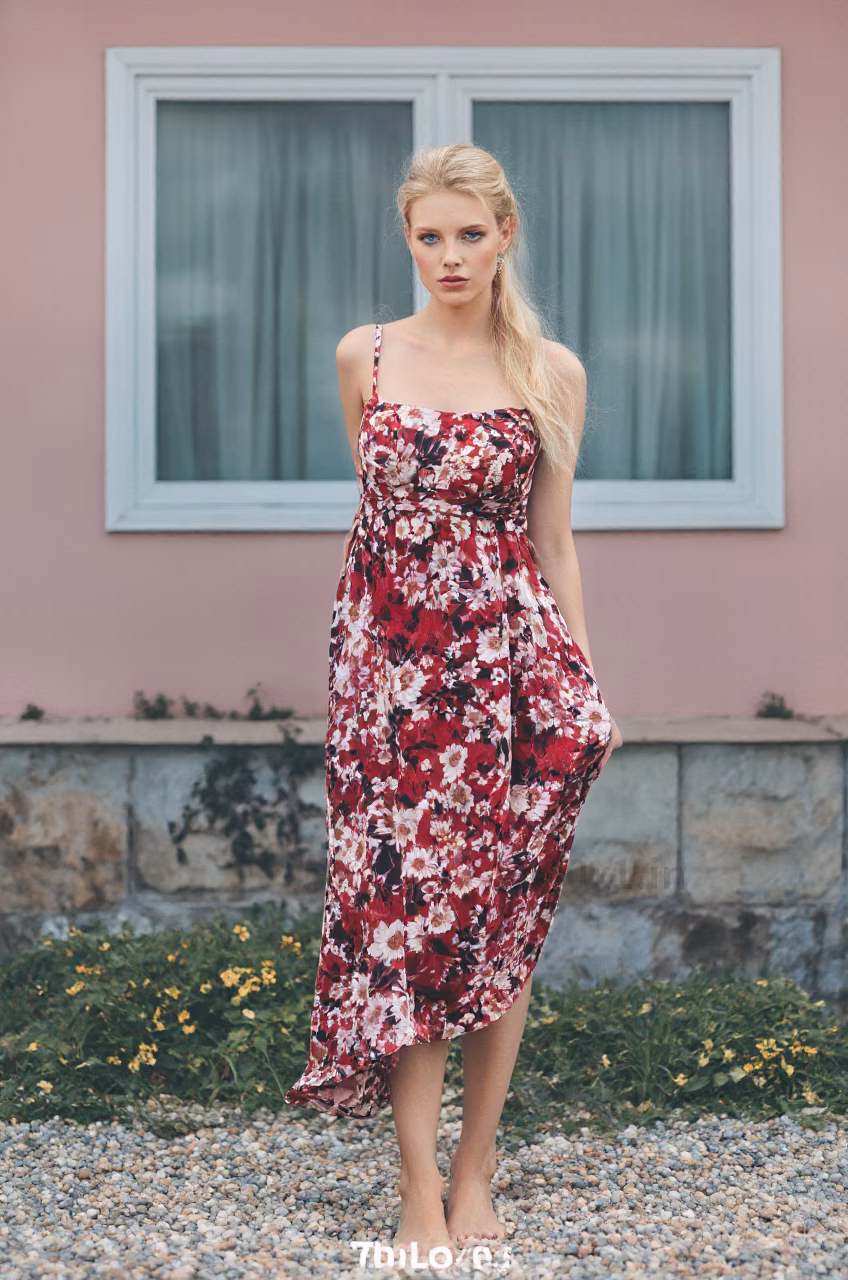 Albanian woman in a floral maxi dress, showcasing her blue eyes and ballerina bun hairstyle in various settings.