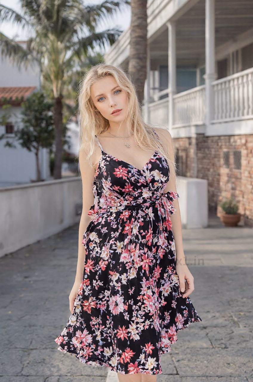 Albanian woman in a floral maxi dress, showcasing her blue eyes and ballerina bun hairstyle in various settings.