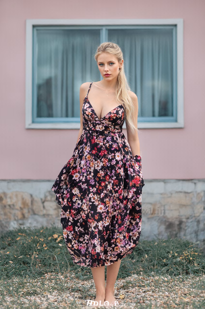 Albanian woman in a floral maxi dress, showcasing her blue eyes and ballerina bun hairstyle in various settings.