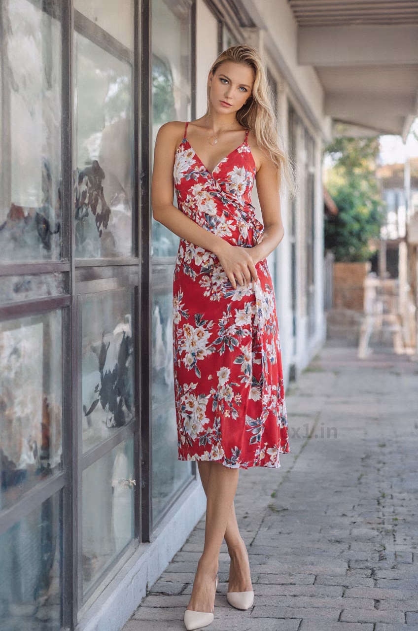 Albanian woman in a floral maxi dress, showcasing her blue eyes and ballerina bun hairstyle in various settings.